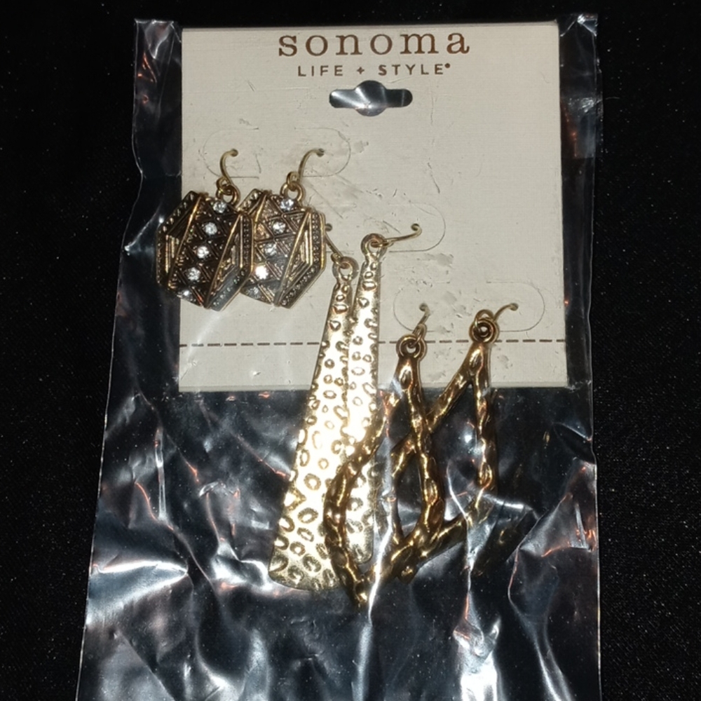 3 Pairs: Gold Dangle Earrings